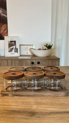Acacia spice jars set with holder | 7-piece