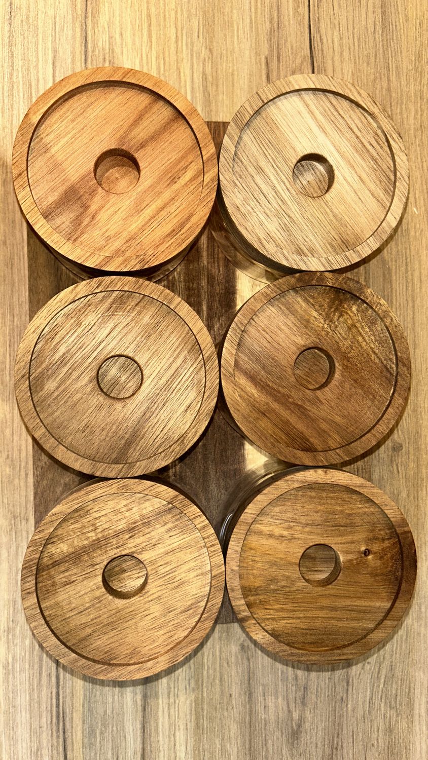 Acacia spice jars set with holder | 7-piece