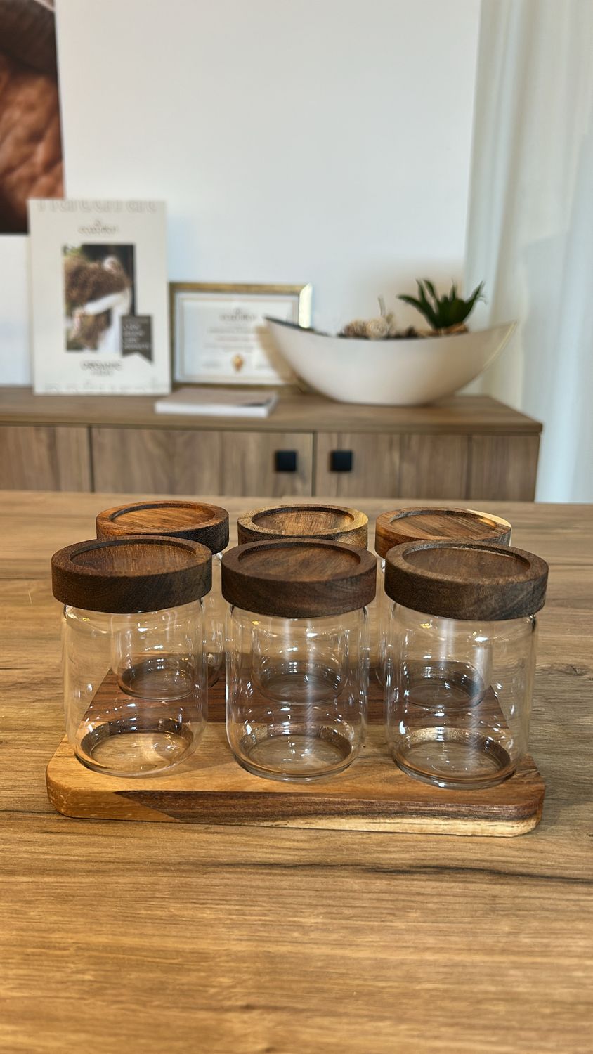 Herb jars with rectangular acacia wood base | set of 6 pieces