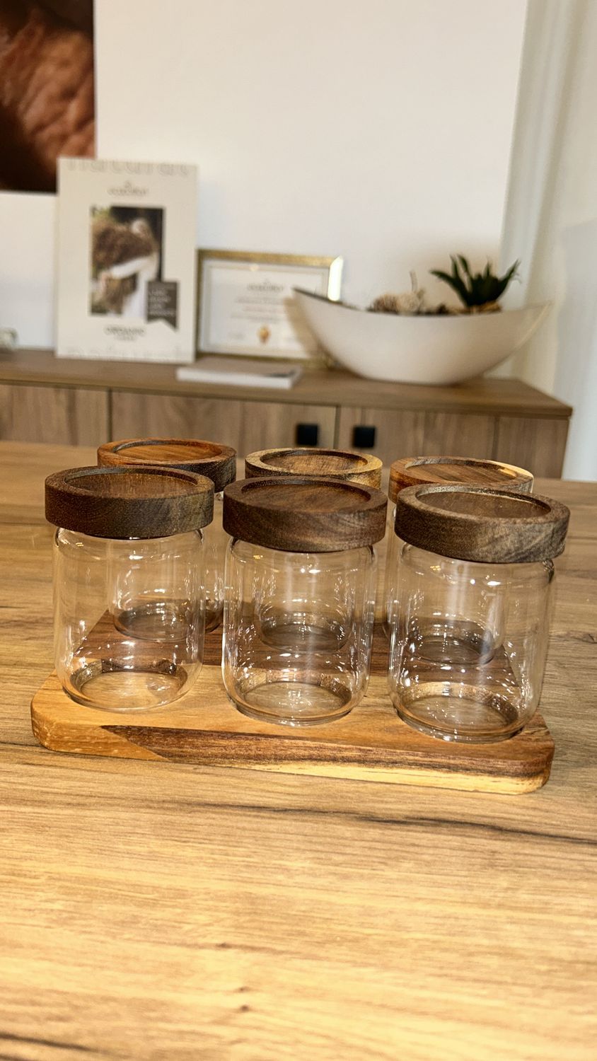 Herb jars with rectangular acacia wood base | set of 6 pieces