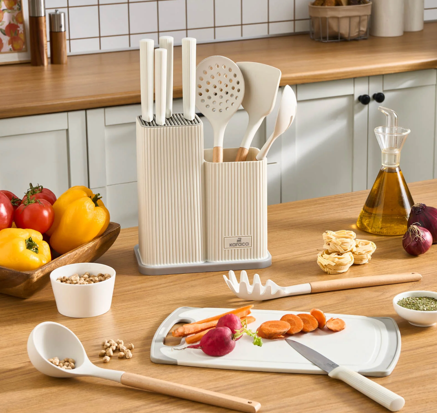 Karaca Massimo Knife, Serving Utensils, and Cutting Board Set, Cream