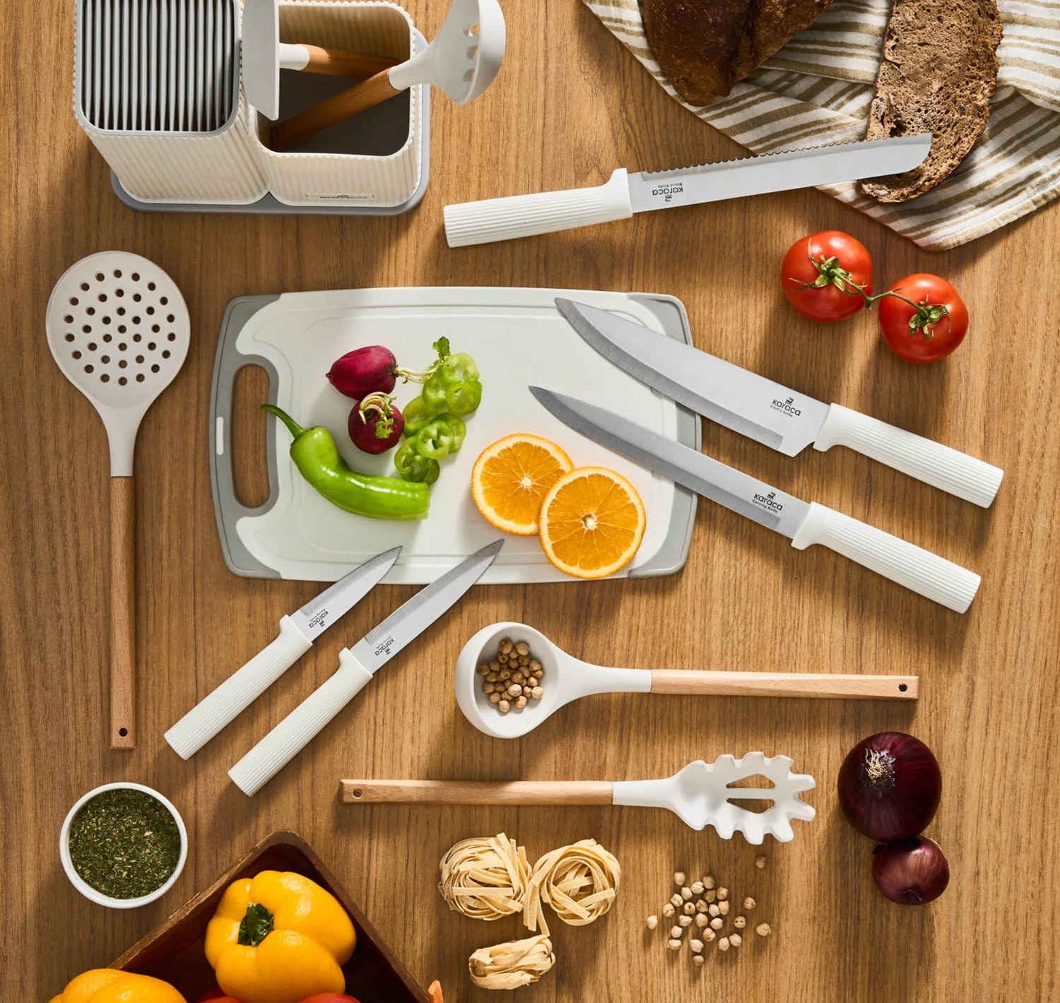 Karaca Massimo Knife, Serving Utensils, and Cutting Board Set, Cream