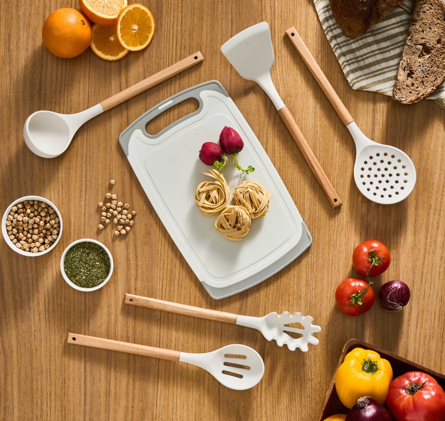 Karaca Massimo Knife, Serving Utensils, and Cutting Board Set, Cream