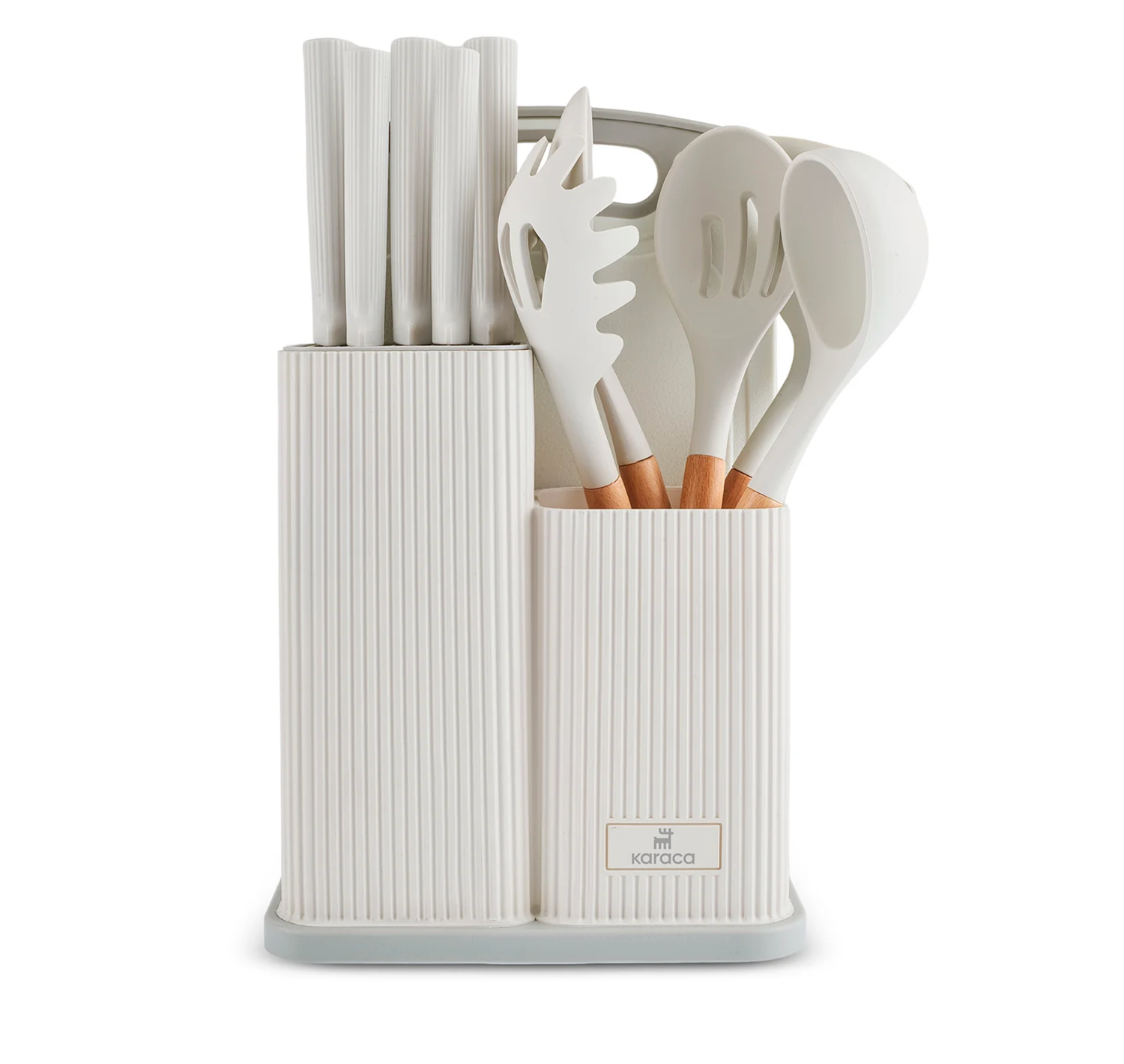 Karaca Massimo Knife, Serving Utensils, and Cutting Board Set, Cream