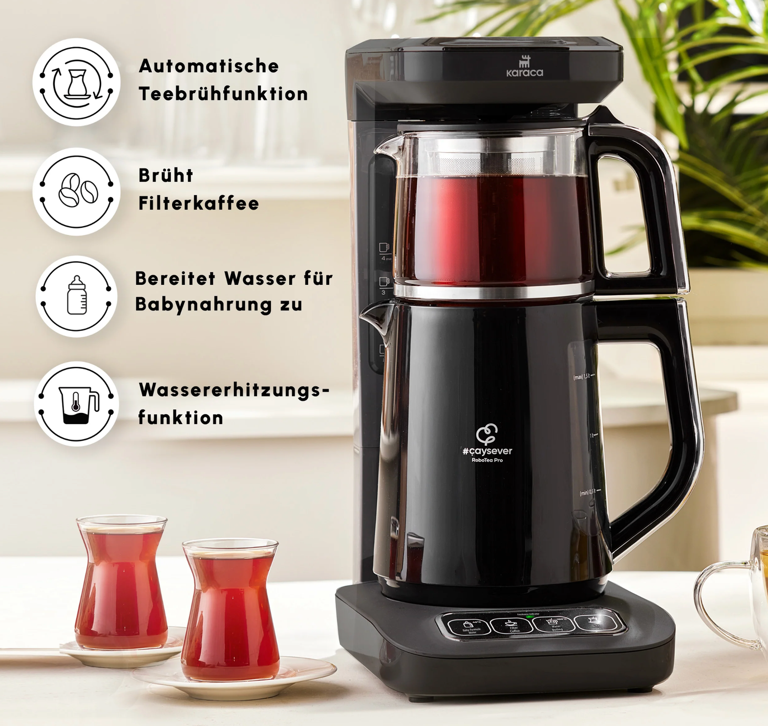Karaca Caysever Robotea Pro 4 in 1 Talking Automatic Tea Maker Kettle and Filter Coffee Maker 2500W Black