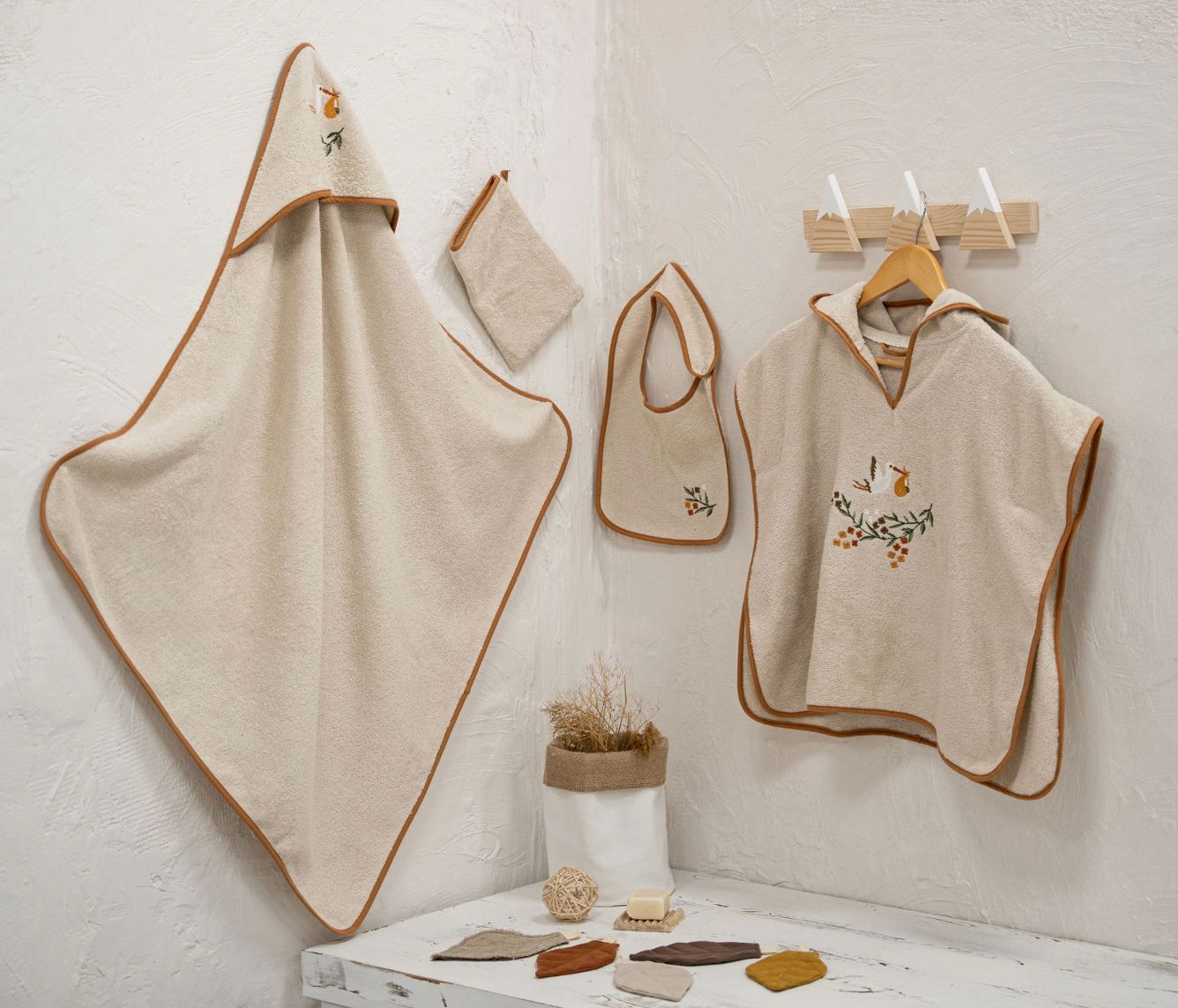 Ecocotton Polina 4-piece baby poncho set made of organic cotton, Beige-colored
