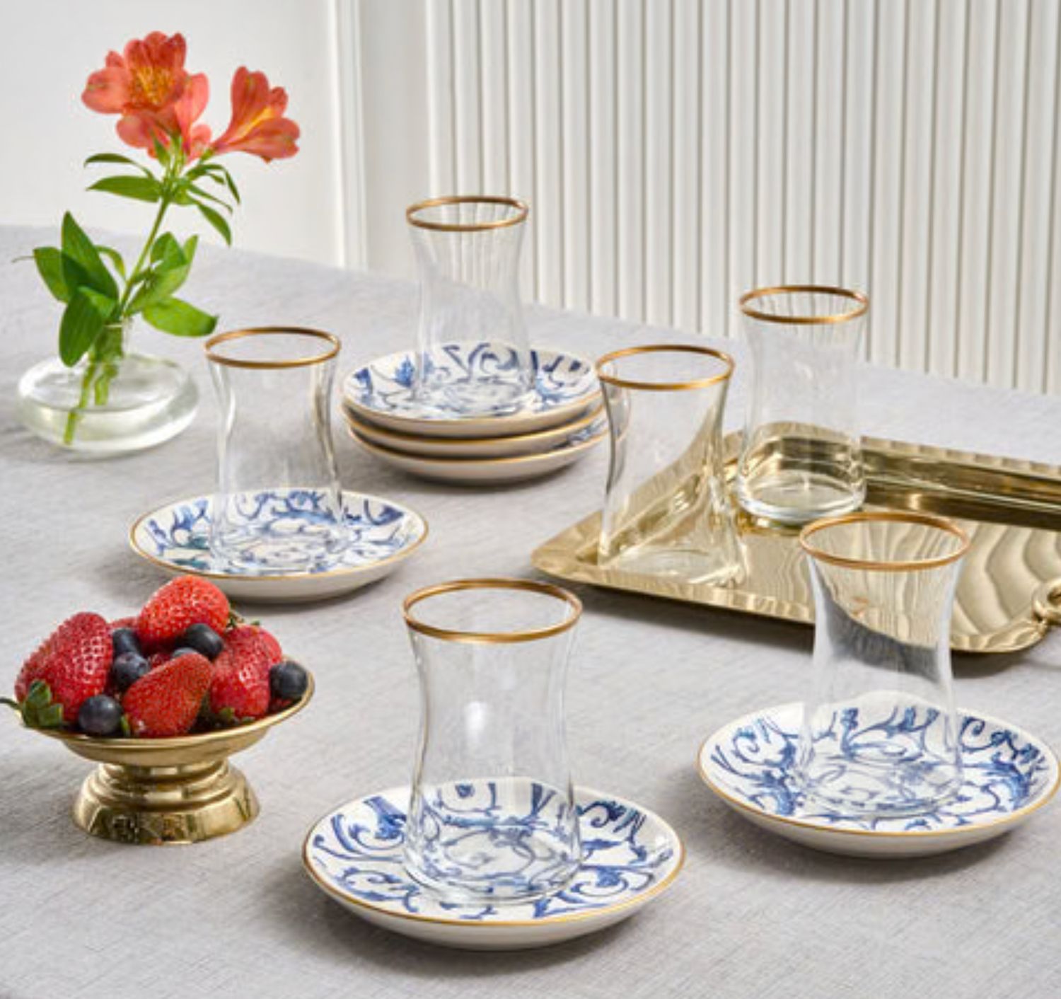 Karaca Mare 12-Piece Glass Turkish Tea Set for 6 People, 170ml, Transparent