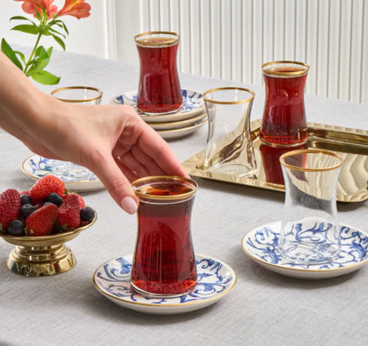 Karaca Mare 12-Piece Glass Turkish Tea Set for 6 People, 170ml, Transparent