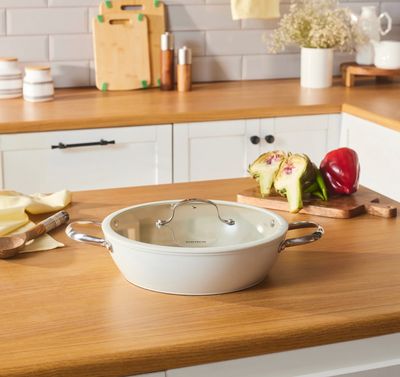Karaca Swiss Crystal Almond Cream Handle Flat Casserole 30 cm Karaca Swiss Crystal Almond Cream Handle Flat Casserole 30 cm