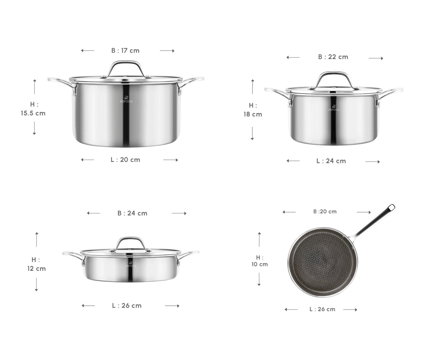 Karaca 3-PLY roestvrijstalen Sparkle 7-delige antiaanbak inductie kookpotten set, zilver