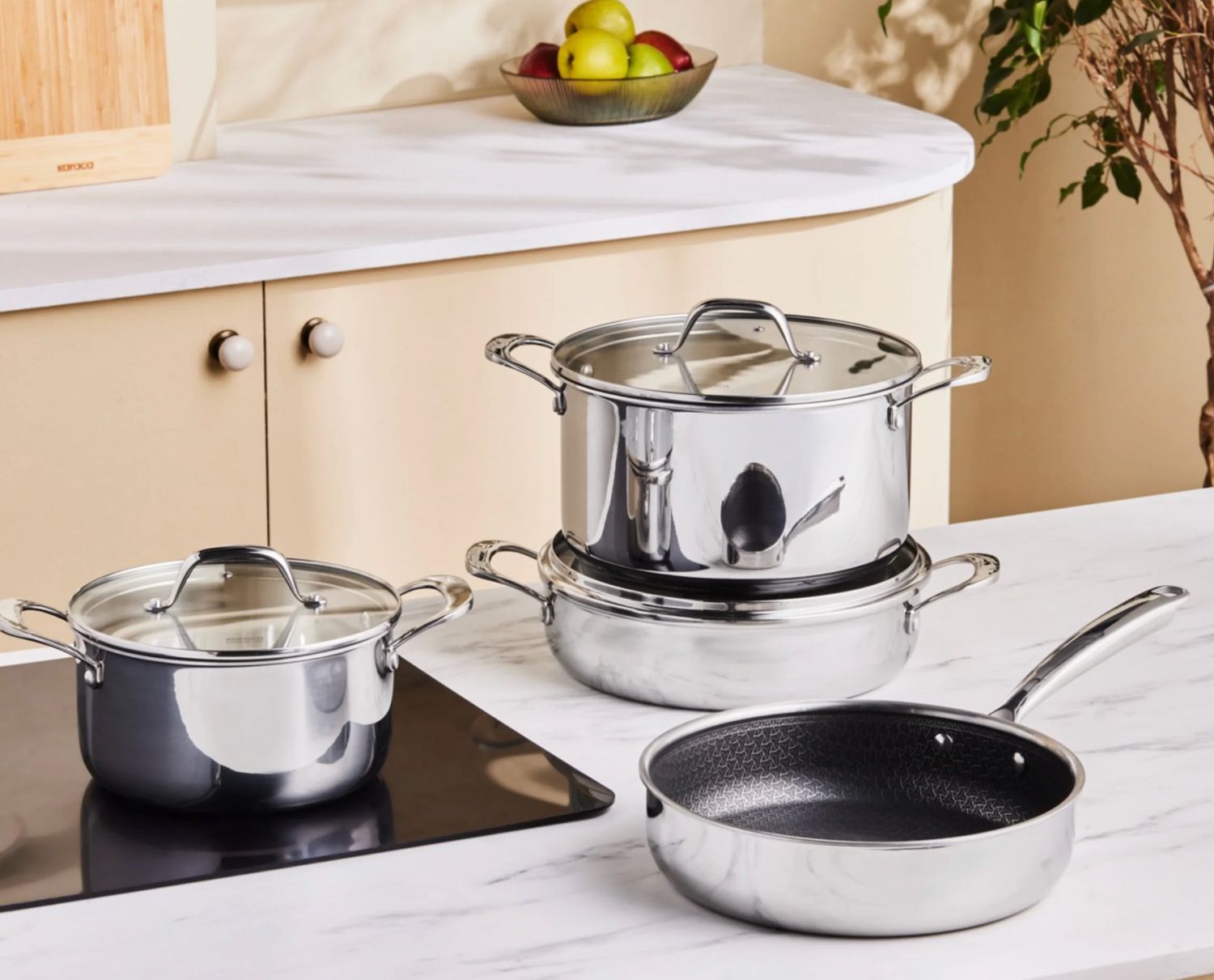 Karaca 3-PLY roestvrijstalen Sparkle 7-delige antiaanbak inductie kookpotten set, zilver