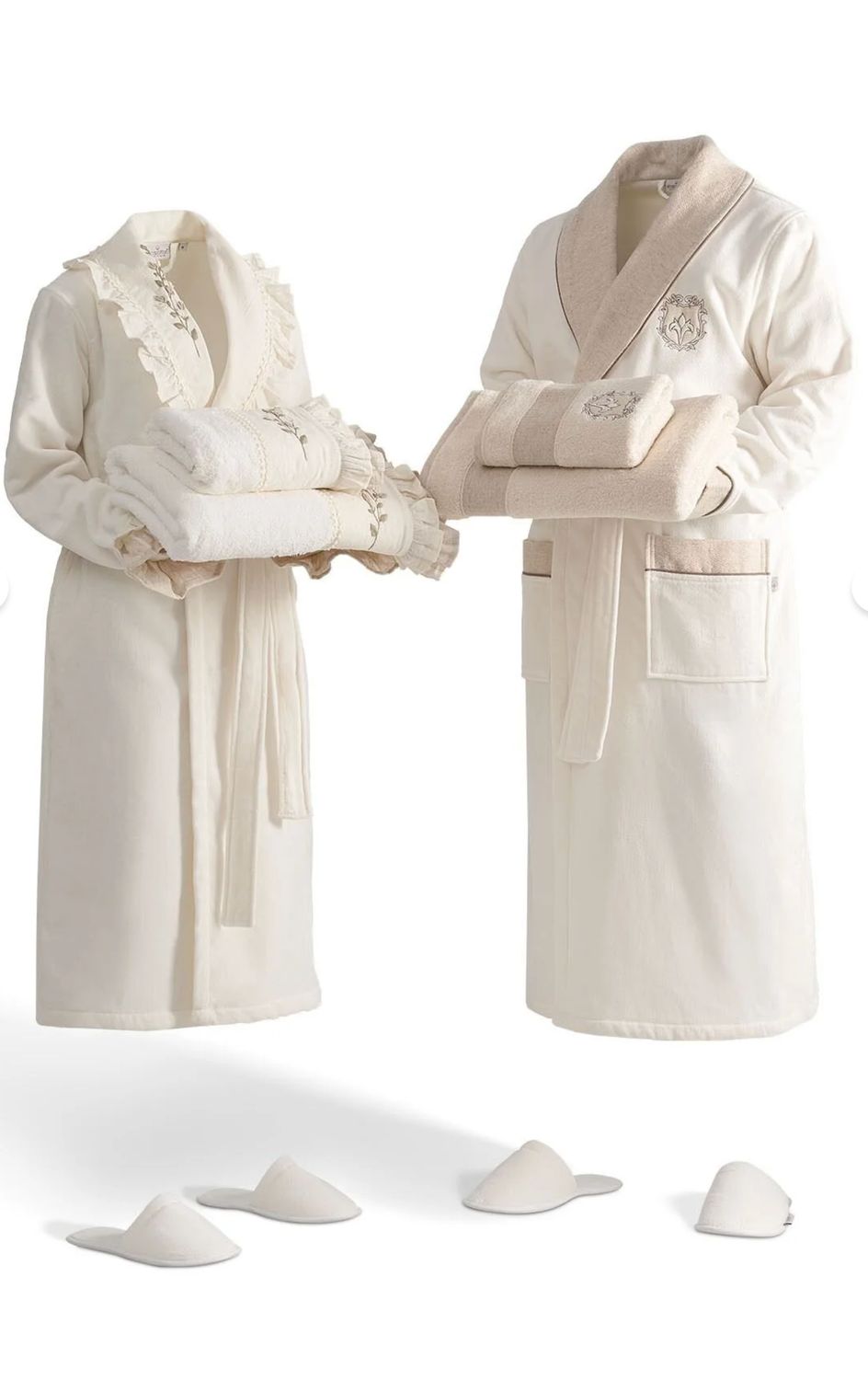 Ecocotton Leyna Familie Badjas Set 100% Biologisch Katoen Geborduurd Crème/Crème- M/L