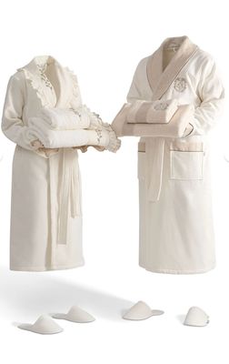 Ecocotton Leyna Familie Badjas Set 100% Biologisch Katoen Geborduurd Crème/Crème- M/L