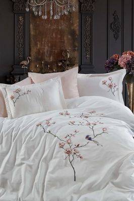 Dantela Hüma Tweepersoons Geborduurd Katoensatijn Dekbedovertrek Set Crème