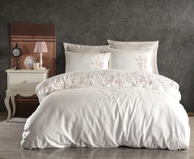 Dantela Alya Tweepersoons Geborduurd Katoensatijn Dekbedovertrek Set Crème