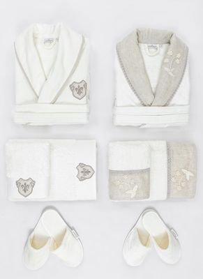 Ecocotton Ayliz Familie Badjas Set 100% Biologisch Katoen Geborduurd Crème/Crème - M/L