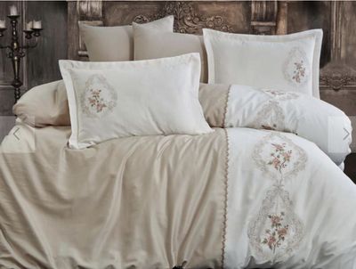Dantela İsabella Tweepersoons Geborduurd Katoenen Satijn Dekbedovertrek Set Beige