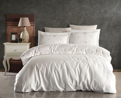 Dantela ASRIN Tweepersoons Geborduurd Katoenen Satijn Dekbedovertrek Set Beige