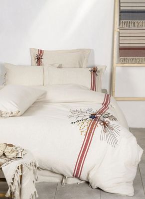 Ecocotton Charla Tweepersoons Dekbedovertrek Set 100% Biologisch Hennep Katoen Ecru-Rood 200x220 Cm