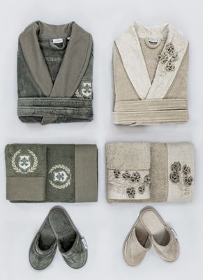 Ecocotton Masal Family Badjas Set 100% Biologisch Katoen Geborduurd Beige / Groen - M / L