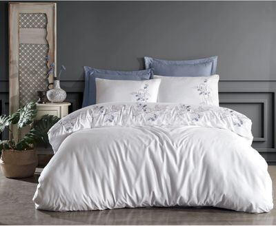 Dantela Efra Tweepersoons Geborduurd Katoensatijn Dekbedovertrek Set Wit