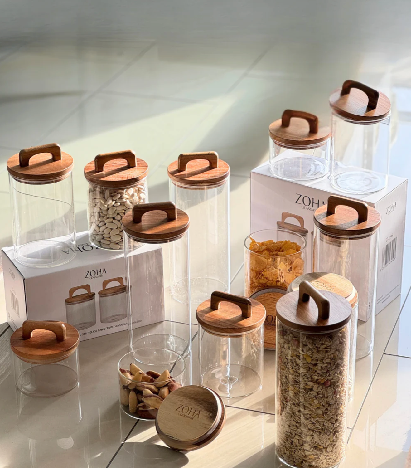 Voorraadpotten Henkel acacia deksel set van 2/ 1000 ml