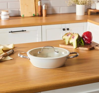 Karaca Swiss Crystal Almond Cream Handle Flat Casserole 26 cm