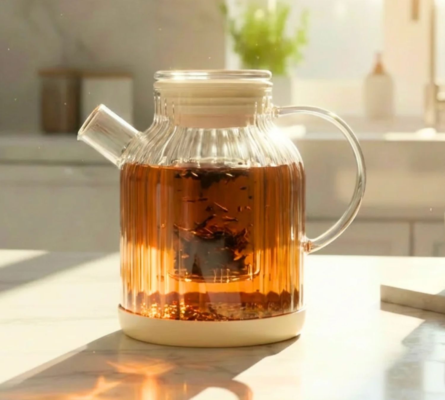 Çizgili cam çaydanlık 1,5 l bej