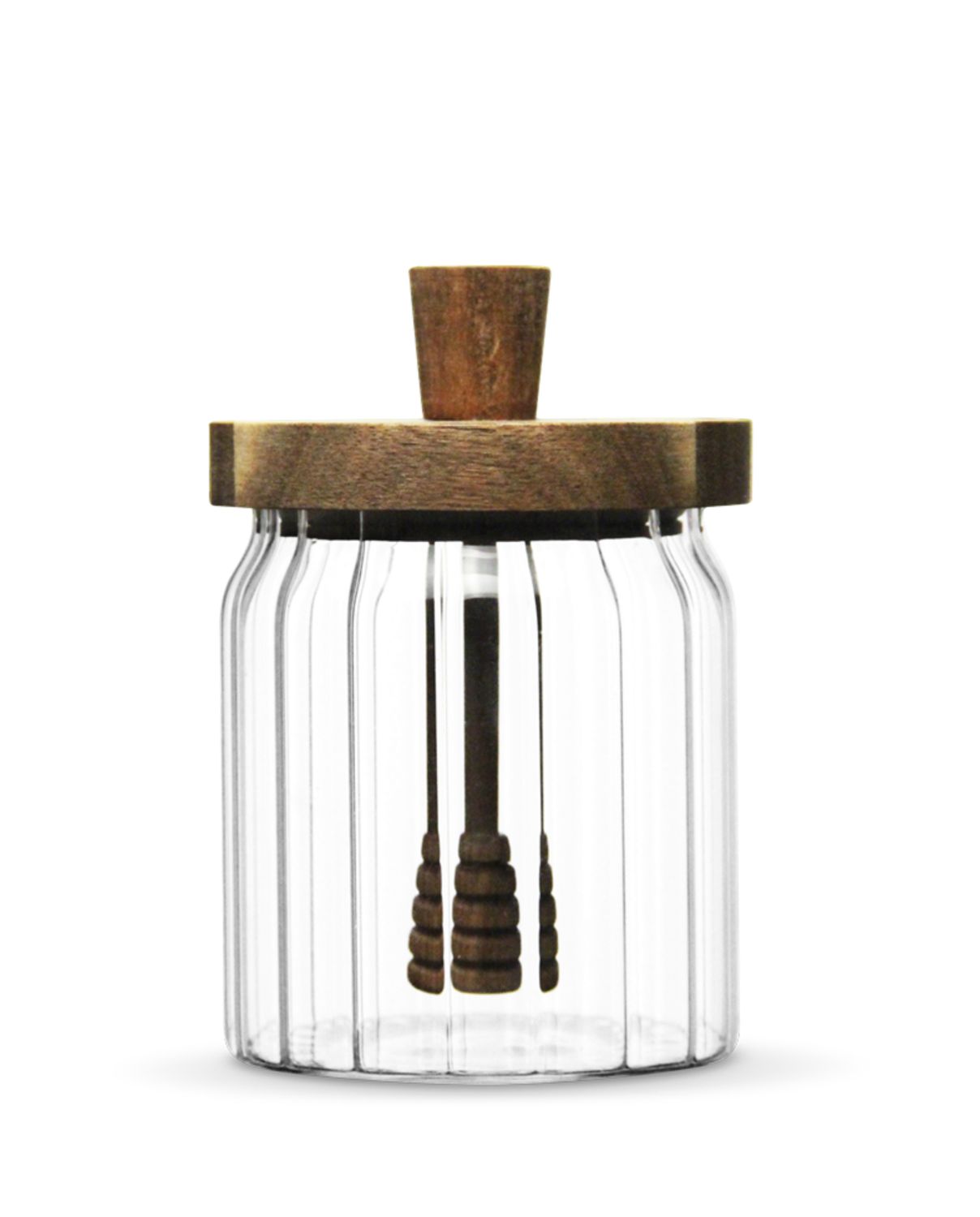 Stripe glazen honingpot met acaciahouten deksel en lepel | 500 ml