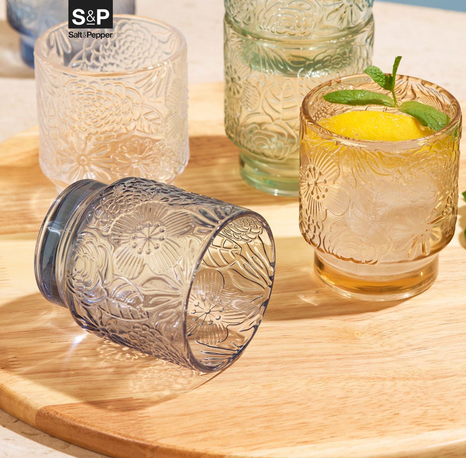 S&P Glas 30cl blauwgrijs Flora - set/4