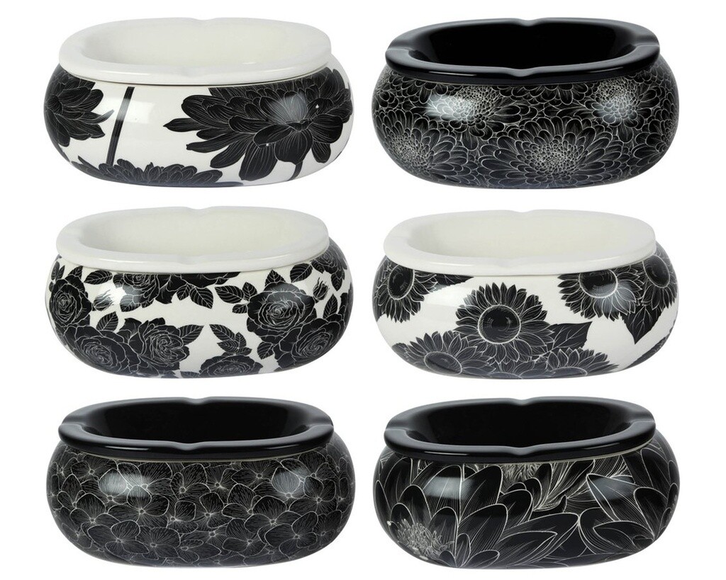 Asbak Keramiek Ovaal Zwart Wit Bloemen 19cm