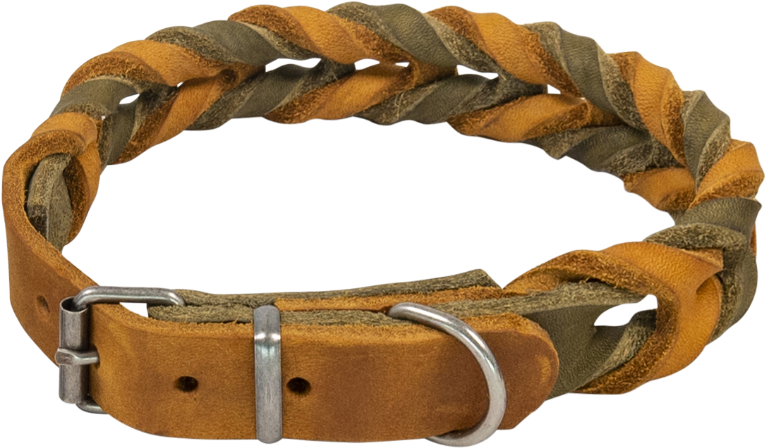 Country leather gevlochten halsband olijf/cognac Art. Nr. 00229