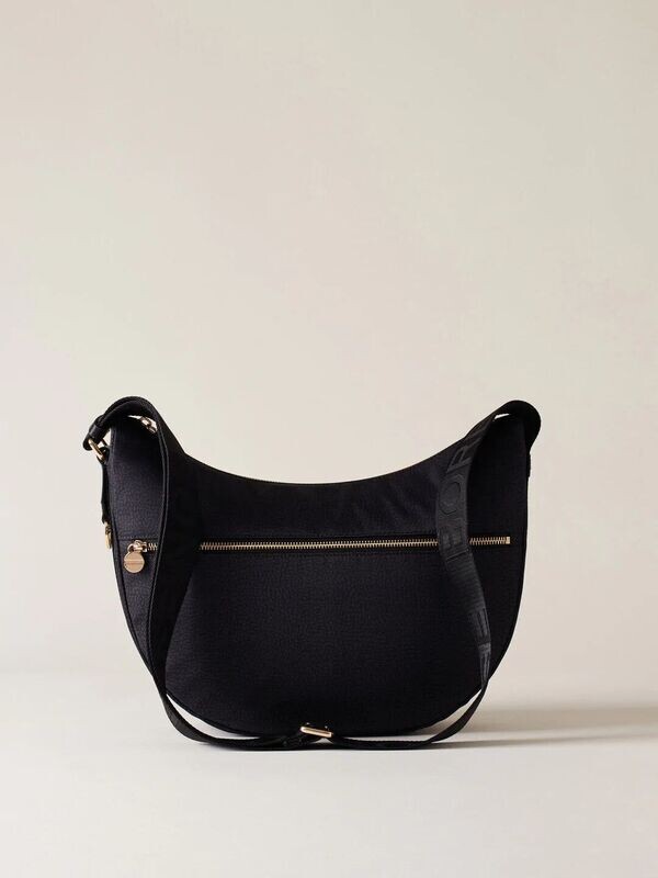 LUNA BAG MIDDLE Hobo di Nylon OP riciclato e Pelle - Dark Black