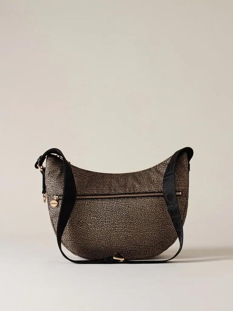 LUNA BAG MIDDLE Hobo di Nylon OP riciclato e Pelle - Natural Black