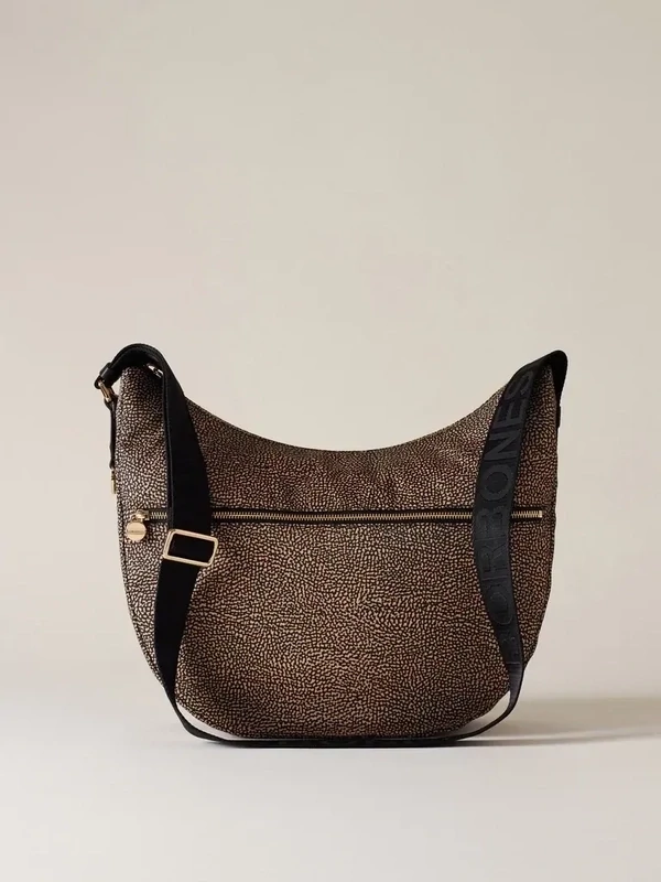 LUNA BAG MEDIUM Hobo di Nylon OP riciclato e Pelle- NATURAL BLACK