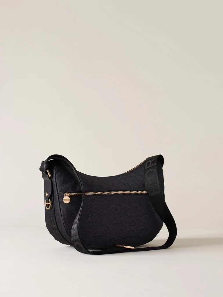 LUNA BAG SMALL  Hobo di Nylon OP riciclato e Pelle - DARK BALCK