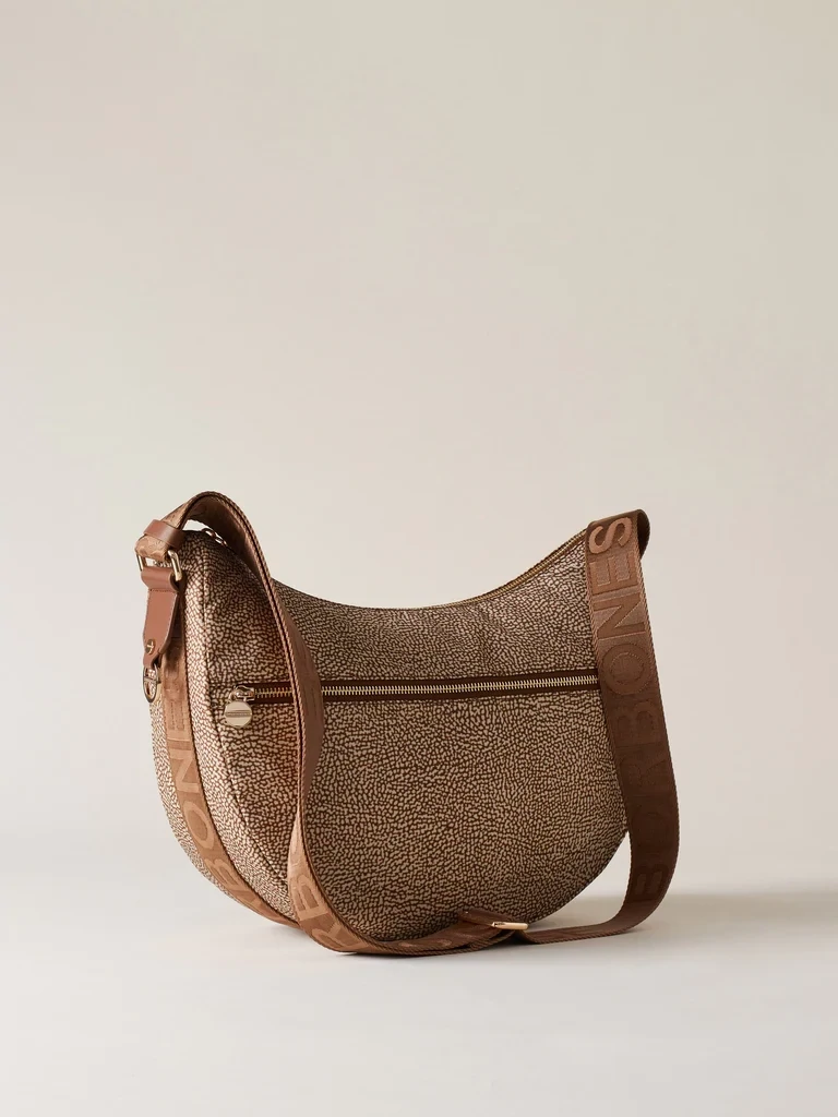 LUNA BAG MIDDLE Hobo di Nylon OP riciclato e Pelle - Beige/Brown