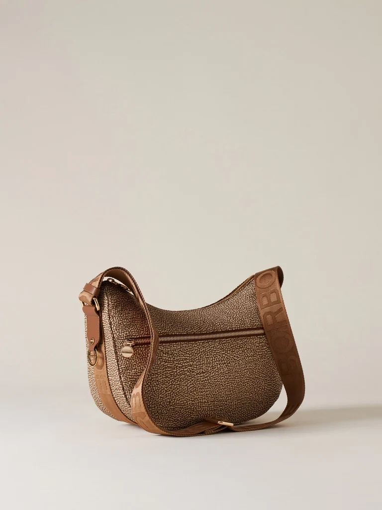 LUNA BAG SMALL  Hobo di Nylon OP riciclato e Pelle - Beige/Brown
