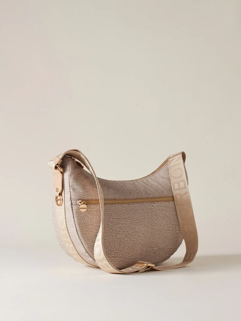 LUNA BAG MIDDLE Hobo di Nylon OP riciclato e Pelle - SABBIA