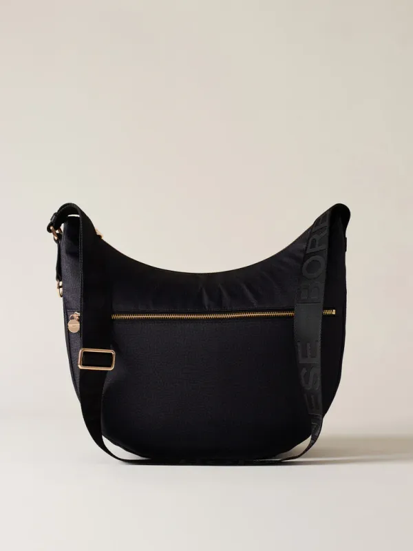 LUNA BAG MEDIUM Hobo di Nylon OP riciclato e Pelle-DARK BLACK