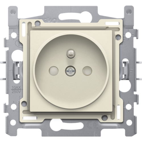 Stopcontact met penaarde en beschermingsafsluiters, inbouwdiepte 21 mm, sokkel met insteekklemmen en afwerkingsset, cream
Referentiecode
100-66105