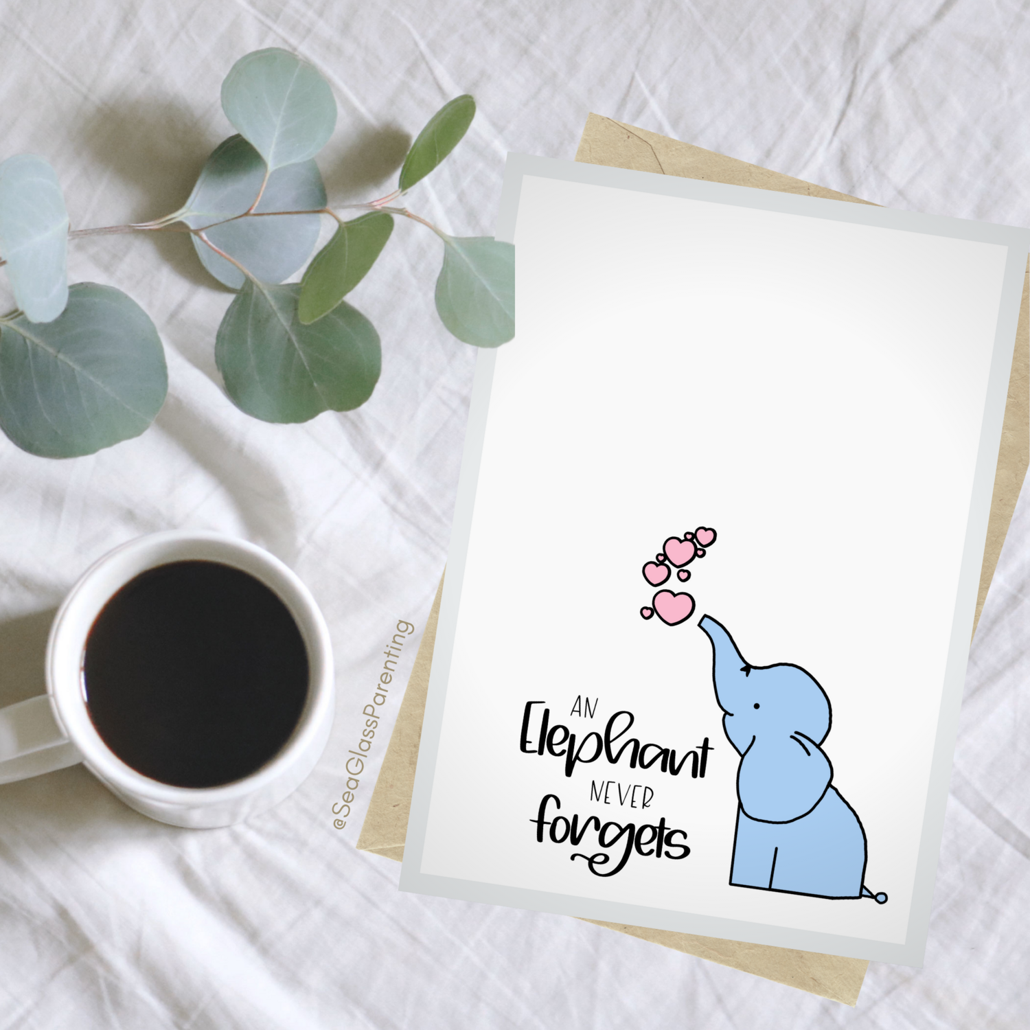 An Elephant Never Forgets with cartoon elephant—Baby loss sympathy & remembrance (greeting card)