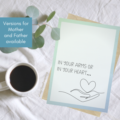 In your arms or in your heart, Honoring your Mother/Fatherhood with line art hand with heart—Mothers Day, Fathers Day (greeting card)