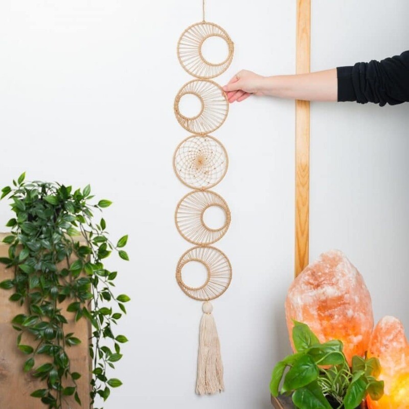Attrape Rêves fait à la main - Phases de Lune - Fibre Textile Lurex Crème &amp; Or - Cercles - (103 cm)