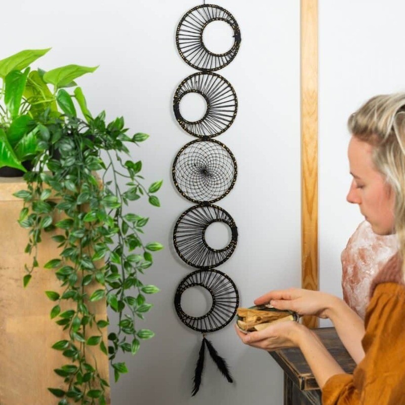 Attrape Rêves fait à la main - Phases de Lune - Fibre Textile Lurex Noir &amp; Or - Cercles - (92 cm)