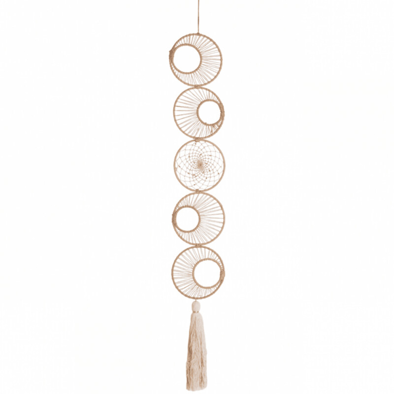 Handgemaakte Dromenvanger Maanfases- Creme &amp; Goudkleurig Lurex Textielvezel – Cirkels – (103 cm)