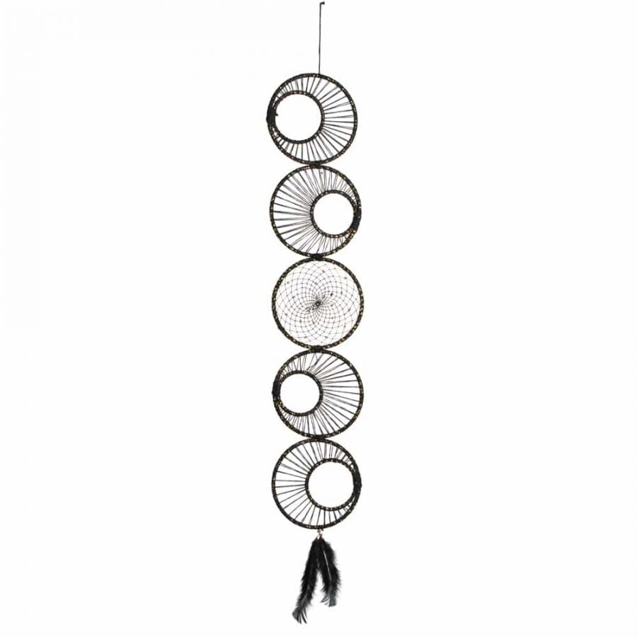 Handgemaakte Dromenvanger Maanfases- Zwart &amp; Goudkleurig Lurex Textielvezel – Cirkels – (92 cm)