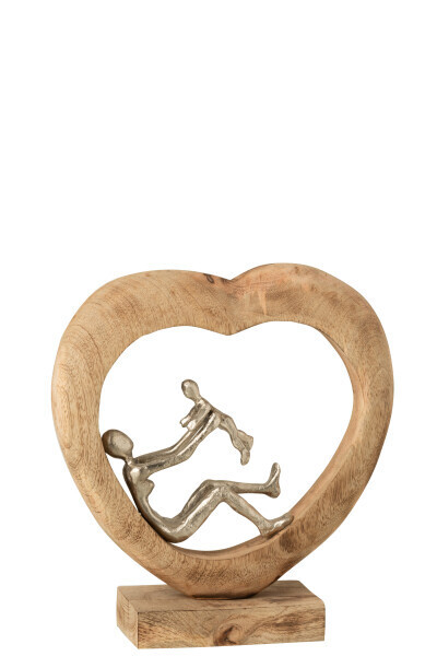 Figuur Ouder Met Kind Hart Mangohout/Aluminium Naturel/Wit 30 x 9 x 28 cm (10892)