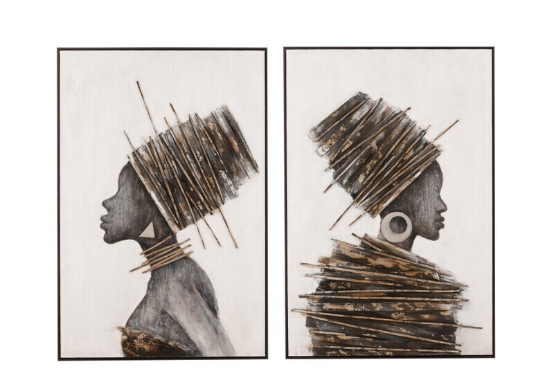 Schilderij Afrikaanse Vrouw Hout/Canvas Bruin/Grijs Assortiment Van Twee B 5 x L 83,5 x H 123 cm (23582)