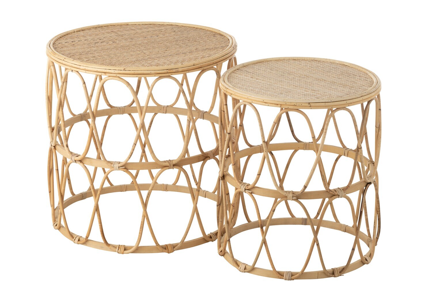 Set Van 2 Bijzettafel Golf Patroon Rotan Naturel H 50,5 x B 51,5 x L 51,5 cm (33197)